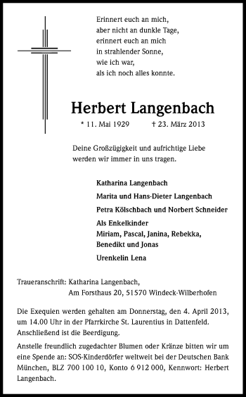 Anzeige von Herbert Langenbach von Kölner Stadt-Anzeiger / Kölnische Rundschau / Express