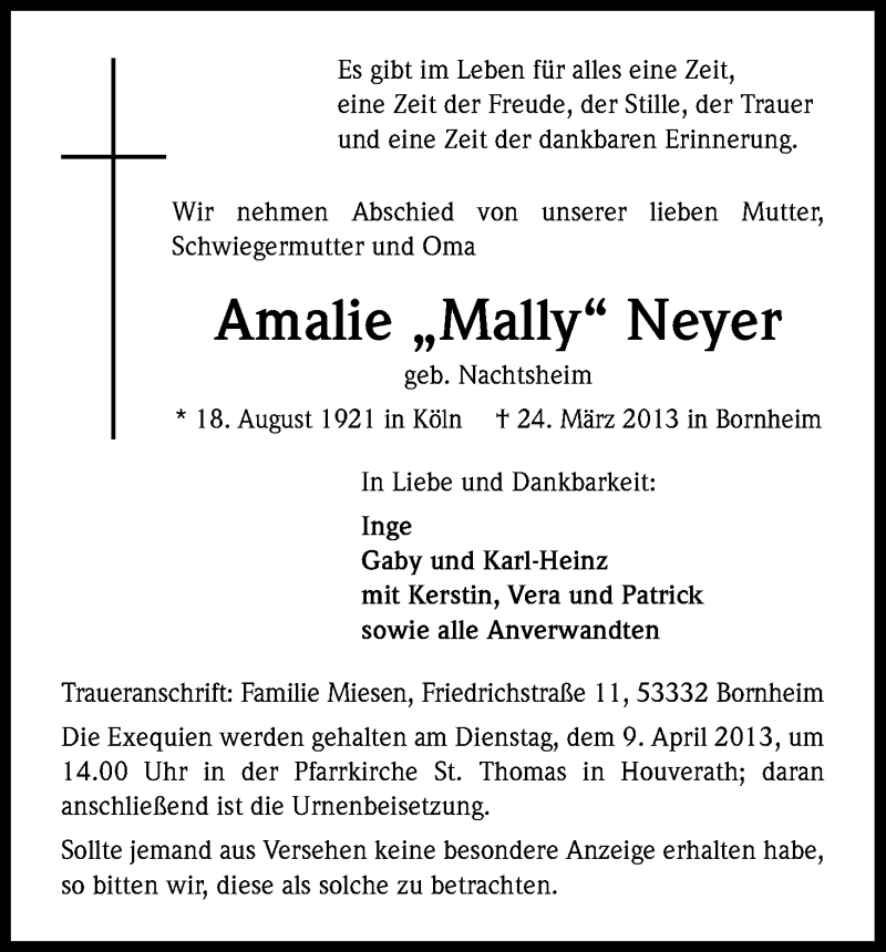  Traueranzeige für Amalie Neyer vom 06.04.2013 aus Kölner Stadt-Anzeiger / Kölnische Rundschau / Express