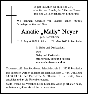 Anzeige von Amalie Neyer von Kölner Stadt-Anzeiger / Kölnische Rundschau / Express