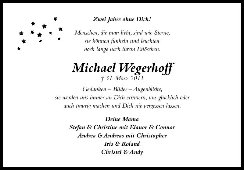  Traueranzeige für Michael Wegerhoff vom 30.03.2013 aus Kölner Stadt-Anzeiger / Kölnische Rundschau / Express