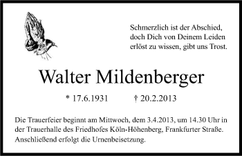 Anzeige von Walter Mildenberger von Kölner Stadt-Anzeiger / Kölnische Rundschau / Express