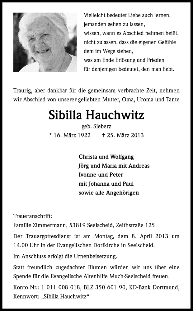  Traueranzeige für Sibilla Hauchwitz vom 04.04.2013 aus Kölner Stadt-Anzeiger / Kölnische Rundschau / Express