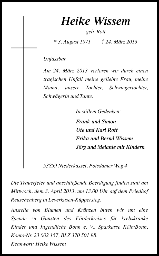  Traueranzeige für Heike Wissem vom 30.03.2013 aus Kölner Stadt-Anzeiger / Kölnische Rundschau / Express