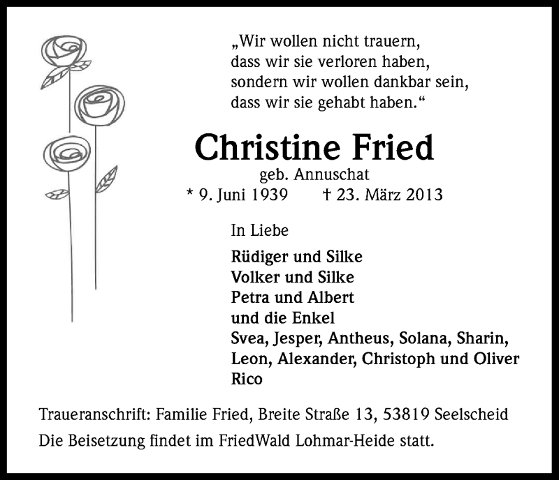  Traueranzeige für Christine Fried vom 30.03.2013 aus Kölner Stadt-Anzeiger / Kölnische Rundschau / Express