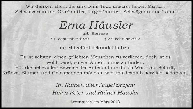  Traueranzeige für Erna Häusler vom 30.03.2013 aus Kölner Stadt-Anzeiger / Kölnische Rundschau / Express