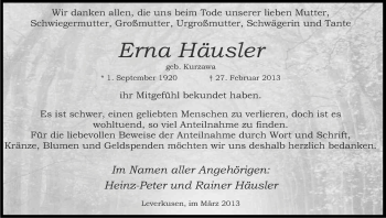 Anzeige von Erna Häusler von Kölner Stadt-Anzeiger / Kölnische Rundschau / Express