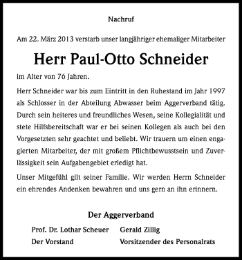 Anzeige von Paul-Otto Schneider von Kölner Stadt-Anzeiger / Kölnische Rundschau / Express