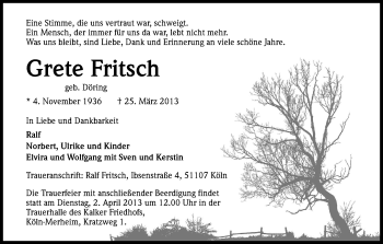 Anzeige von Grete Fritsch von Kölner Stadt-Anzeiger / Kölnische Rundschau / Express