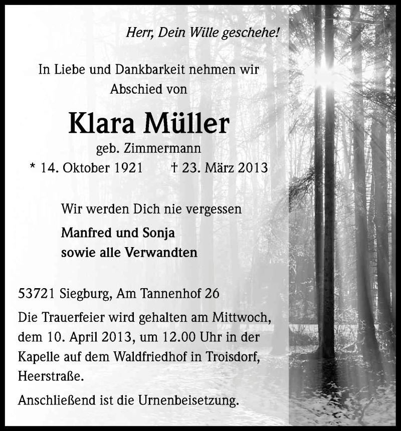  Traueranzeige für Klara Müller vom 30.03.2013 aus Kölner Stadt-Anzeiger / Kölnische Rundschau / Express