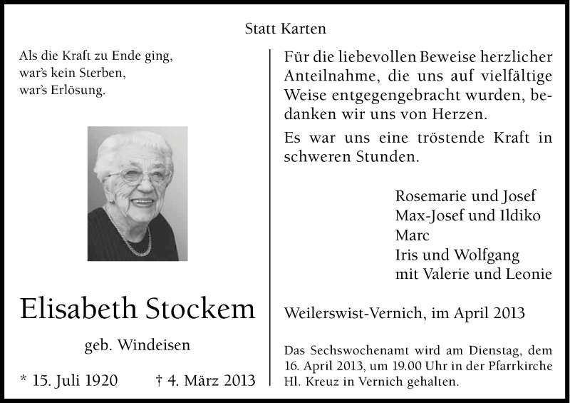  Traueranzeige für Elisabeth Stockem vom 13.04.2013 aus Kölner Stadt-Anzeiger / Kölnische Rundschau / Express