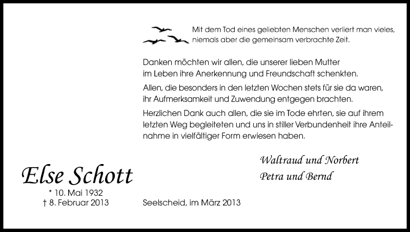  Traueranzeige für Else Schott vom 30.03.2013 aus Kölner Stadt-Anzeiger / Kölnische Rundschau / Express