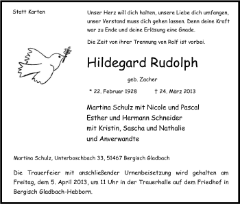 Anzeige von Hildegard Rudolph von Kölner Stadt-Anzeiger / Kölnische Rundschau / Express