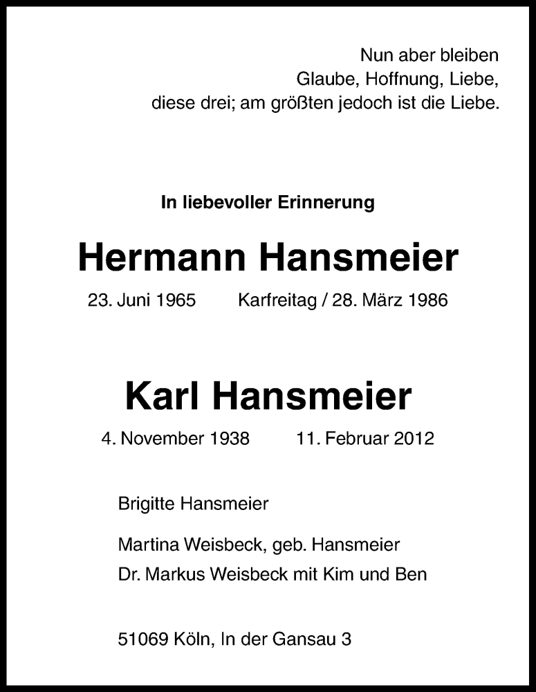  Traueranzeige für Karl Haunsmeier vom 30.03.2013 aus Kölner Stadt-Anzeiger / Kölnische Rundschau / Express