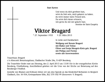 Anzeige von Viktor Bragard von Kölner Stadt-Anzeiger / Kölnische Rundschau / Express