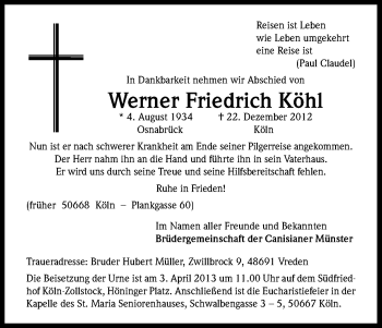 Anzeige von Werner Friedrich Köhl von Kölner Stadt-Anzeiger / Kölnische Rundschau / Express