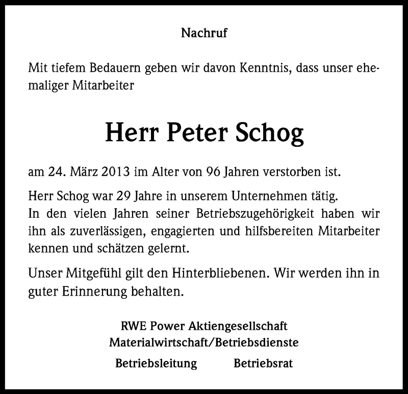  Traueranzeige für Peter Schog vom 03.04.2013 aus Kölner Stadt-Anzeiger / Kölnische Rundschau / Express