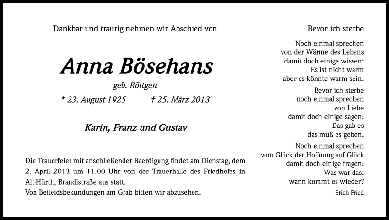  Traueranzeige für Anna Bösehans vom 30.03.2013 aus Kölner Stadt-Anzeiger / Kölnische Rundschau / Express