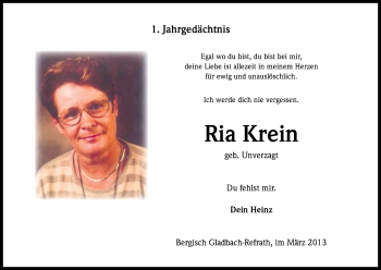 Anzeige von Ria Krein von Kölner Stadt-Anzeiger / Kölnische Rundschau / Express