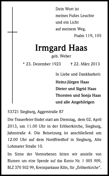 Anzeige von Irmgard Haas von Kölner Stadt-Anzeiger / Kölnische Rundschau / Express