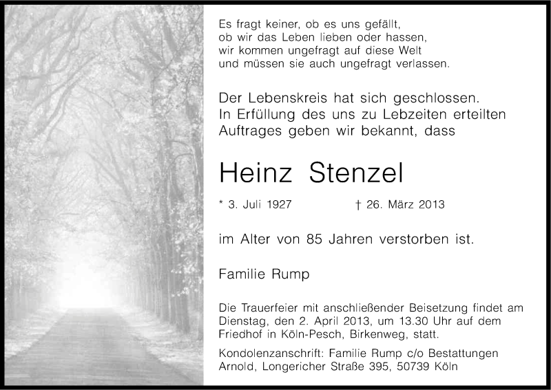  Traueranzeige für Heinz Stenzel vom 30.03.2013 aus Kölner Stadt-Anzeiger / Kölnische Rundschau / Express