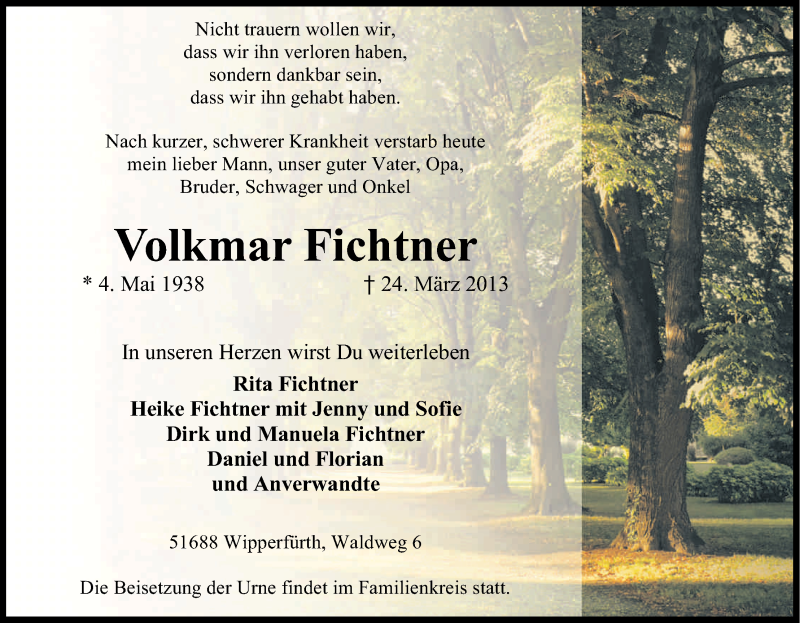  Traueranzeige für Volkmar Fichtner vom 30.03.2013 aus Kölner Stadt-Anzeiger / Kölnische Rundschau / Express