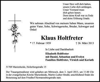 Anzeige von Klaus Holtfreter von Kölner Stadt-Anzeiger / Kölnische Rundschau / Express