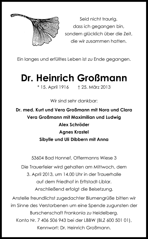  Traueranzeige für Heinrich  Großmann vom 30.03.2013 aus Kölner Stadt-Anzeiger / Kölnische Rundschau / Express