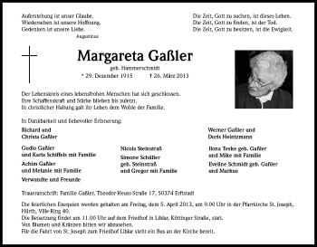 Anzeige von Margareta Gaßler von Kölner Stadt-Anzeiger / Kölnische Rundschau / Express