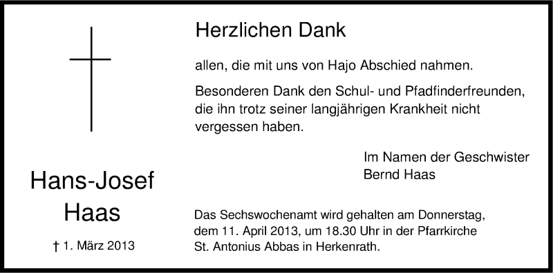  Traueranzeige für Hans-Josef Haas vom 06.04.2013 aus Kölner Stadt-Anzeiger / Kölnische Rundschau / Express