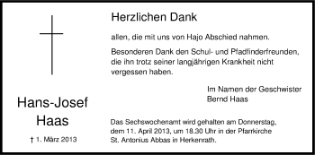 Anzeige von Hans-Josef Haas von Kölner Stadt-Anzeiger / Kölnische Rundschau / Express