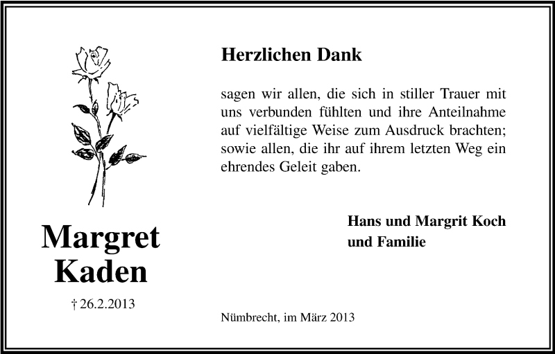  Traueranzeige für Margret Kaden vom 30.03.2013 aus Kölner Stadt-Anzeiger / Kölnische Rundschau / Express