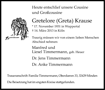 Anzeige von Gretelore Krause von Kölner Stadt-Anzeiger / Kölnische Rundschau / Express