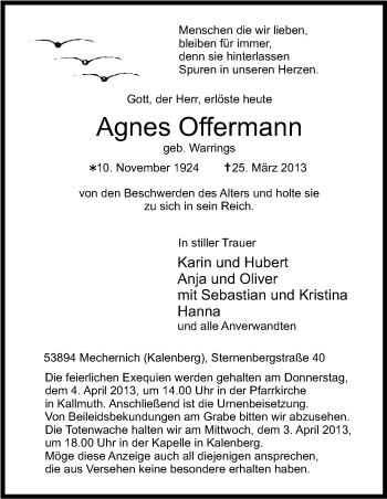Anzeige von Agnes Offermann von Kölner Stadt-Anzeiger / Kölnische Rundschau / Express