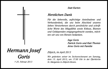 Anzeige von Hermann Josef Goris von Kölner Stadt-Anzeiger / Kölnische Rundschau / Express