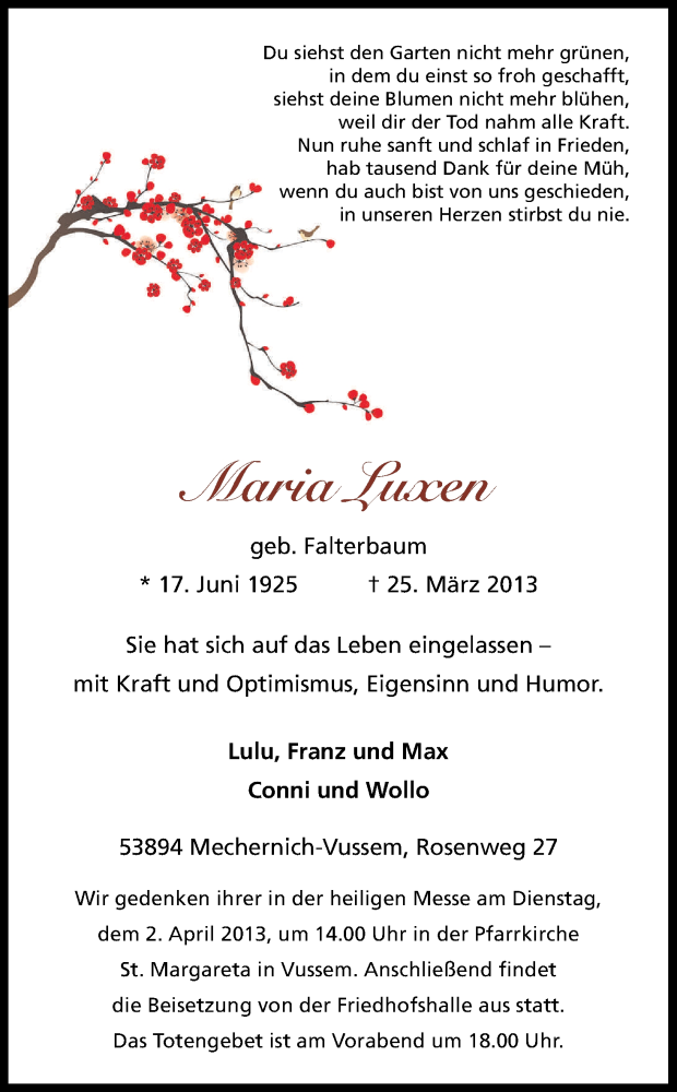  Traueranzeige für Maria Luxen vom 28.03.2013 aus Kölner Stadt-Anzeiger / Kölnische Rundschau / Express