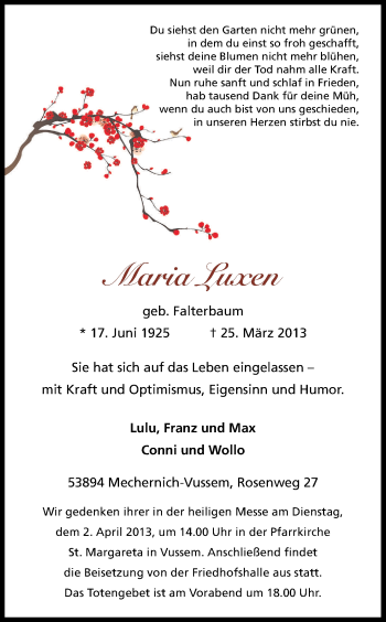 Anzeige von Maria Luxen von Kölner Stadt-Anzeiger / Kölnische Rundschau / Express