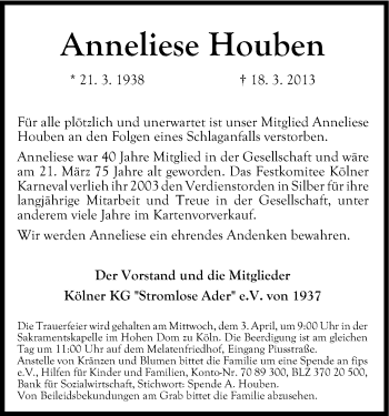 Anzeige von Anneliese Houben von Kölner Stadt-Anzeiger / Kölnische Rundschau / Express