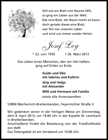Anzeige von Josef Ley von Kölner Stadt-Anzeiger / Kölnische Rundschau / Express