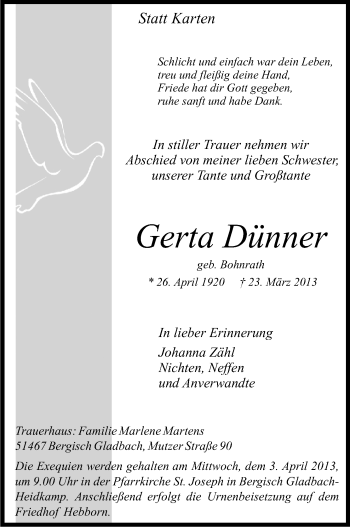 Anzeige von Gerta Dünner von Kölner Stadt-Anzeiger / Kölnische Rundschau / Express