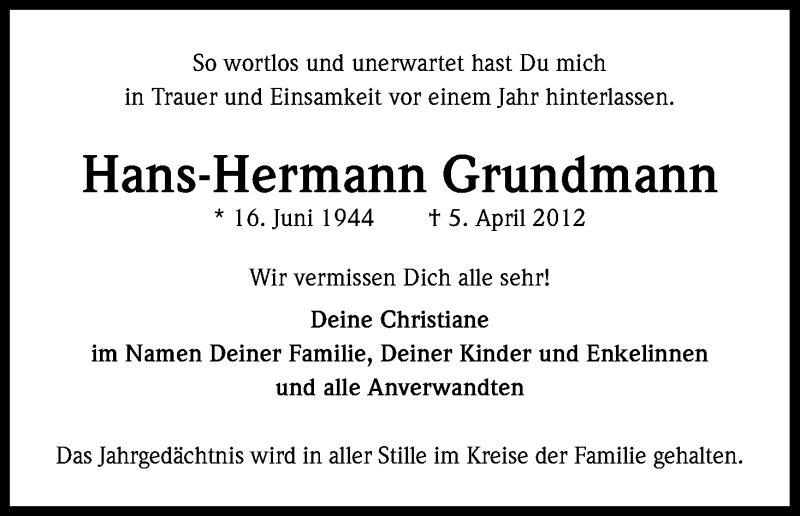  Traueranzeige für Hans-Hermann Grundmann vom 06.04.2013 aus Kölner Stadt-Anzeiger / Kölnische Rundschau / Express