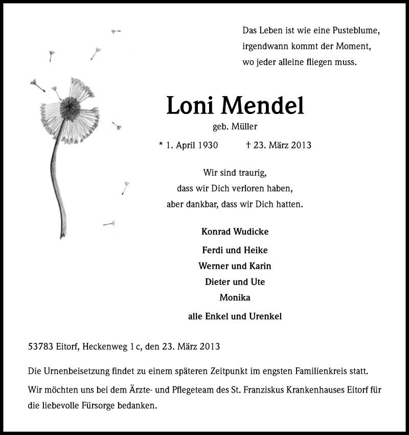  Traueranzeige für Loni Mendel vom 28.03.2013 aus Kölner Stadt-Anzeiger / Kölnische Rundschau / Express
