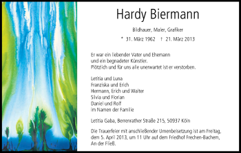 Anzeige von Hardy Biermann von Kölner Stadt-Anzeiger / Kölnische Rundschau / Express