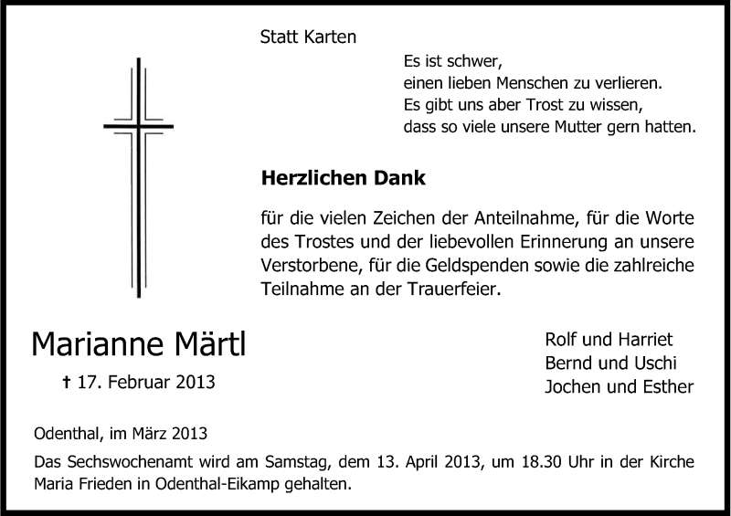  Traueranzeige für Marianne Märtl vom 30.03.2013 aus Kölner Stadt-Anzeiger / Kölnische Rundschau / Express