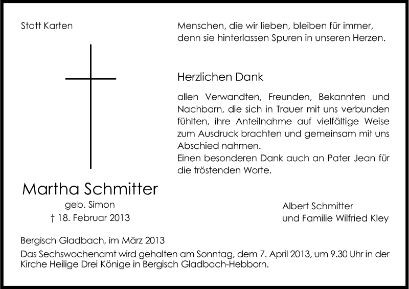  Traueranzeige für Martha Schmitter vom 03.04.2013 aus Kölner Stadt-Anzeiger / Kölnische Rundschau / Express