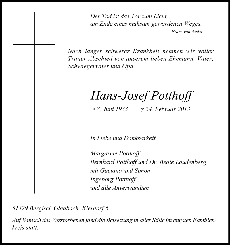  Traueranzeige für Hans-Josef Potthoff vom 30.03.2013 aus Kölner Stadt-Anzeiger / Kölnische Rundschau / Express