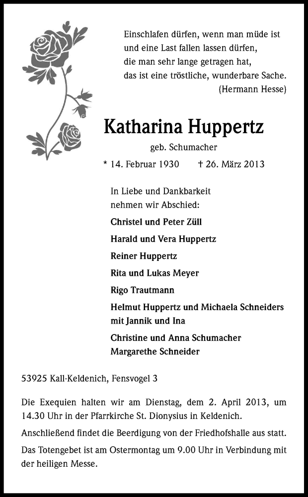  Traueranzeige für Katharina Huppertz vom 28.03.2013 aus Kölner Stadt-Anzeiger / Kölnische Rundschau / Express