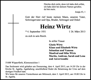 Anzeige von Heinz Wirtz von Kölner Stadt-Anzeiger / Kölnische Rundschau / Express