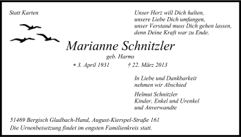 Anzeige von Marianne Schnitzler von Kölner Stadt-Anzeiger / Kölnische Rundschau / Express