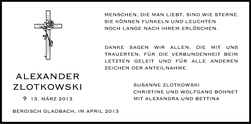 Traueranzeige für Alexander Zlotkowski vom 03.04.2013 aus Kölner Stadt-Anzeiger / Kölnische Rundschau / Express