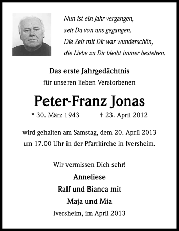 Anzeige von Peter-Franz Jonas von Kölner Stadt-Anzeiger / Kölnische Rundschau / Express